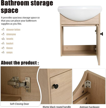 18" Bathroom Vanity with Sink, 18 Inch Floating Vanity for Small Space, Modern Single Sink Bathroom Vanity Combo, Brown Wall Mounted Cabinet Set (BN-023)