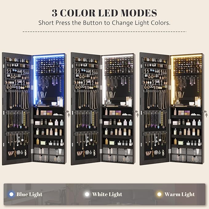 47.2" LED Jewelry Mirror Cabinet, Wall/Door Mounted Jewelry Armoire Organizer with Full Length Mirror, Large Storage Hanging Cabinet, 4 Drawers, 5 Shelves, Built-in Lighted Mirror (Black)