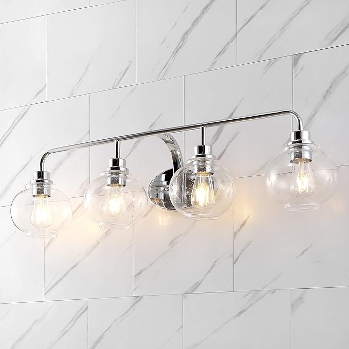JONATHAN Y 36" Chrome Farmhouse LED Vanity Light Wall Sconce for Bathroom, Clear Seeded Glass Shade, Industrial Iron Indoor Fixture, LED Bulb Included (JYL7529B)