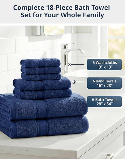 LANE LINEN Bath Towel Set Quick Dry 100% Cotton 18 Piece Soft - Navy | Cotton Bath Towels - Classic Terry Weave, Densely Woven, Coordinated Colors, Everyday Durability, OEKO-TEX Certified