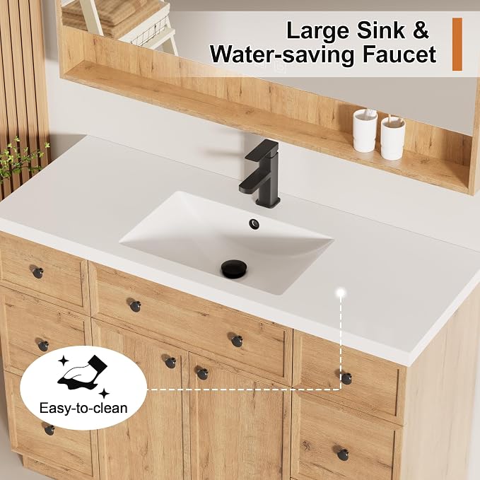 LUCKWIND 48" Farmhouse Bathroom Vanity with Sink Combo, Rustic Modern Bathroom Cabinet with Undermount Solid Surface Single Sink, Soft-Close Hinges & Water-Saving Faucet, Natural