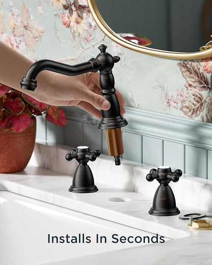 FORIOUS Vintage 3 Hole Bathroom Faucets Oil Rubbed Bronze, 2 Handle 8 Inch Widespread Antique Faucet for Bathroom Vanity RV Farmhosue Sink with Metal Pop Up Drain and Supply Lines