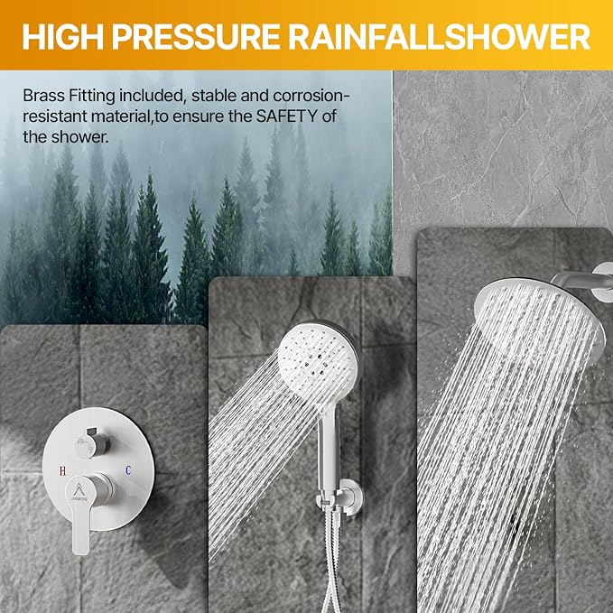 Shower Faucet Set 10IN Brass Rough-In Valve Body Trim Kit Rainfall Included Handle Accessories Complete 2 Functions with Rain Head and Handheld Bathroom Systems (10'', Brushed Nickel)