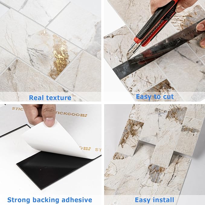 STICKGOO 10-Sheet Backsplash Peel and Stick Subway Tile(Thicker Design, Glossy Pandora Marble)