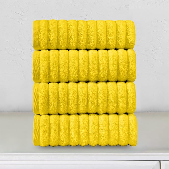 Elegant Comfort Luxury 100% Turkish Cotton Corduroy Ribbed 4 Pack Hand Towel Set 16 x 28 Inch - Absorbent, Super Soft, Quick Dry, Premium Towels for Bathroom, Gym, Spa and Hotel Use, Yellow