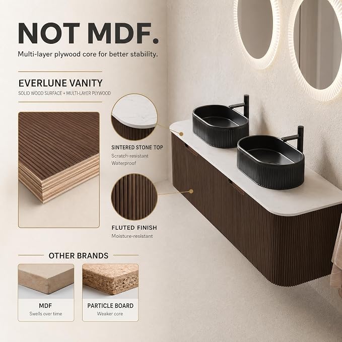 60 Inch Double Sink Bathroom Vanity, Floating Wall Mounted Cabinet, Dark Walnut Curved Fluted Front, Stone Top, Dual Black Textured Oval Vessel Basins, Pre-Assembled