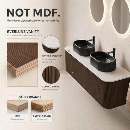 60 Inch Double Sink Bathroom Vanity, Floating Wall Mounted Cabinet, Dark Walnut Curved Fluted Front, Stone Top, Dual Black Textured Oval Vessel Basins, Pre-Assembled