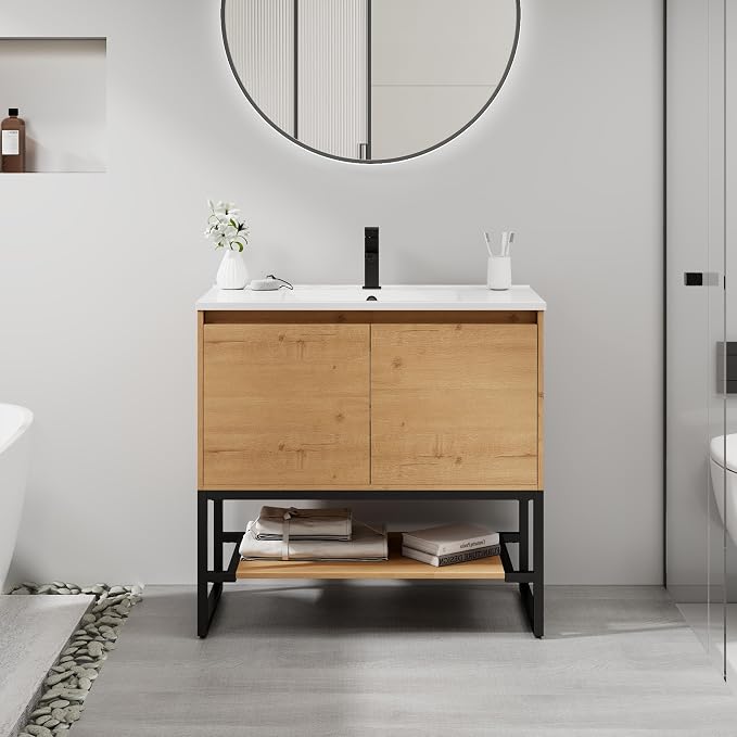 LUCKWIND 36" Modern Bathroom Vanity with Single White Sink Combo, Freestanding Storage Cabinet with Metal Frame, Matte Black Faucet and Open Shelf and 2 Soft-Closing Door, Natural