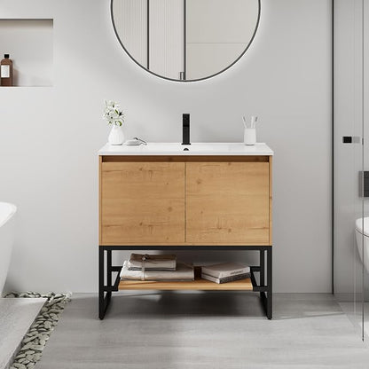 LUCKWIND 36" Modern Bathroom Vanity with Single White Sink Combo, Freestanding Storage Cabinet with Metal Frame, Matte Black Faucet and Open Shelf and 2 Soft-Closing Door, Natural
