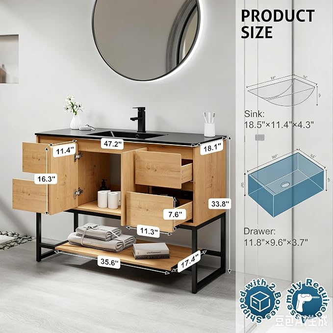 LUCKWIND 48" Modern Bathroom Vanity with Single Black Sink Combo, Freestanding Storage Cabinet with Metal Frame, Matte Black Faucet and Open Shelf and 2 Soft-Closing Door, Natural
