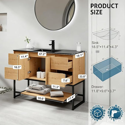 LUCKWIND 48" Modern Bathroom Vanity with Single Black Sink Combo, Freestanding Storage Cabinet with Metal Frame, Matte Black Faucet and Open Shelf and 2 Soft-Closing Door, Natural