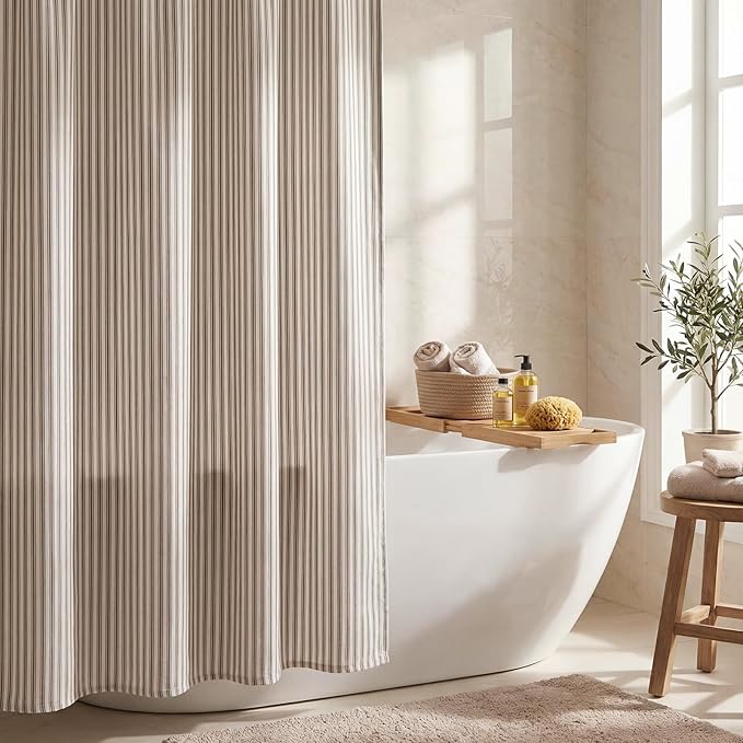 Stripe Cotton Toile Shower Curtain Ticking Stripes Woven Print Curtain Bathroom Decor for Traditional and Contemporary Style Kitchen Bath Home (Brown and White,72 x 72 Inches,Stripe)