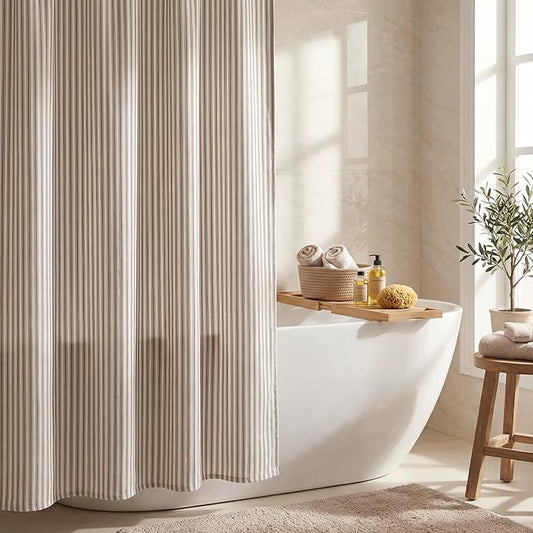 Stripe Cotton Toile Shower Curtain Ticking Stripes Woven Print Curtain Bathroom Decor for Traditional and Contemporary Style Kitchen Bath Home (Brown and White,72 x 72 Inches,Stripe)