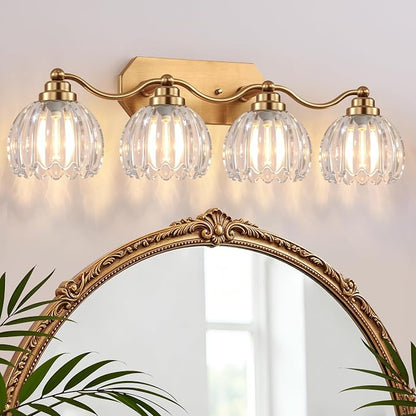 Bathroom Vanity Light, Gold Vintage Tulip Glass Shade, Antique Brass Finish | 4 Light Brushed Gold Bathroom Light Fixtures, Crystal Wall Sconce, Mounted Over Mirror for Bedroom Hallway, Easy to Install
