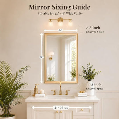24x36 Inch Brushed Gold Bathroom Mirrors for Over Sink | Inner Arc Aluminum Frame Rectangle Vanity Mirror for Bedroom Living Room Entryway, HD Tempered Glass, Anti-Rust