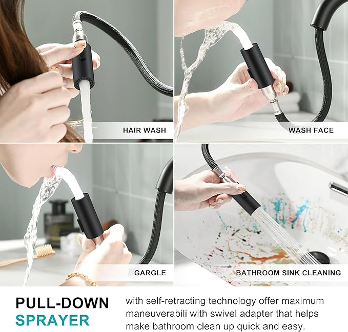 KENES Pull Down Bathroom Faucet with Sprayer, Matte Black Single Handle Bathroom Sink Faucet with Pull Out Sprayer, Vanity Bar Faucet with Pop Up Drain & Deck Plate, KE-9065B-2