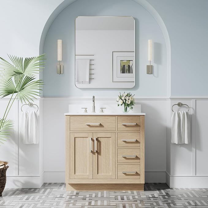 36-Inch Bathroom Vanity with Sink W/ 2 Doors & 4 Drawers & 1 Flip Drawer, Oak Vanity W/Brushed Nickel Handles