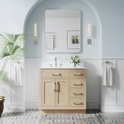 36-Inch Bathroom Vanity with Sink W/ 2 Doors & 4 Drawers & 1 Flip Drawer, Oak Vanity W/Brushed Nickel Handles