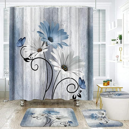 Onalasyc 4PCS Blue Daisy Floral Bathroom Sets with Shower Curtain and Rugs | Country Floral Butterfly Shower Curtain Set,Modern Bathroom Decor Shower Curtains Set with Rugs Toilet Lid Cover and 12 Hooks