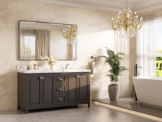 Black Framed Bathroom Mirror 60 x 36 Large Beveled Edge Tempered Glass, Rounded Corner Rectangle Bathroom Mirror for Modern Bathroom, Living Room, Bedroom, Entryway