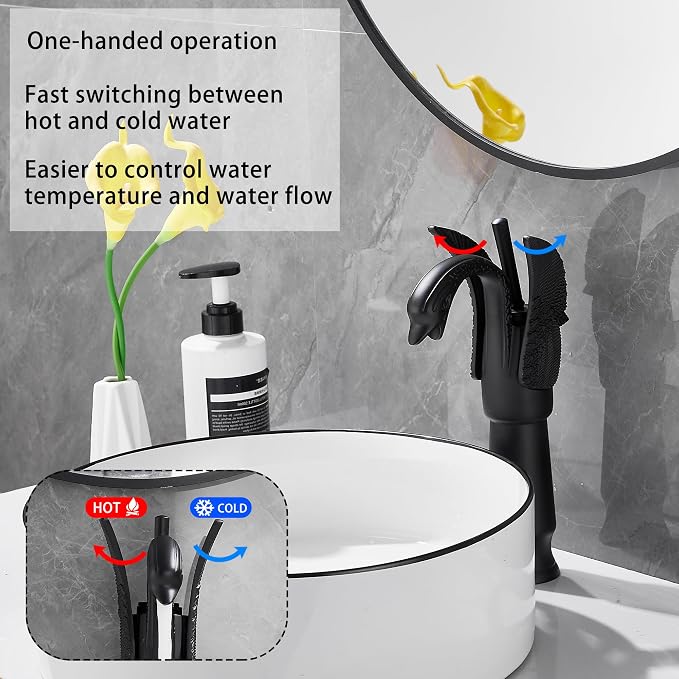 Matte Black Swan Shape Single Handle 1Hole Bathroom Vessel Sink Faucet Deck Mount Lavatory Sink Faucet