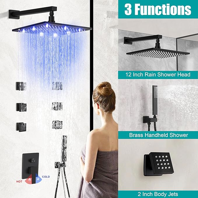 SKOWLL Rainfall Shower Faucet with 6 Full Body Jet Spray, 12 Inch LED Rain Shower Head with Handheld Spray Combo, Wall Mount Matte Black Shower Faucet Set