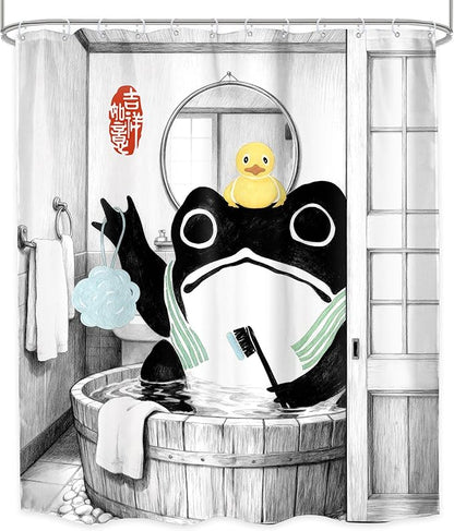LGhtyro Funny Frog Shower Curtain Bathroom Set 60Wx71H Inches Traditional Asian Style Japanese Art Rubber Duck Wooden Cute Animal Bath Accessories Retro Black Art Home Decor Fabric 12 Pack Hooks