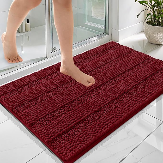 OLANLY Thick Bathroom Rugs 36x24, Soft Chenille Striped Bath Rugs, Red | Rubber Backing, Machine Wash, Extra Absorbent Bath Mats for Bathroom Floor, Tub and Shower, Home Decor Accessories