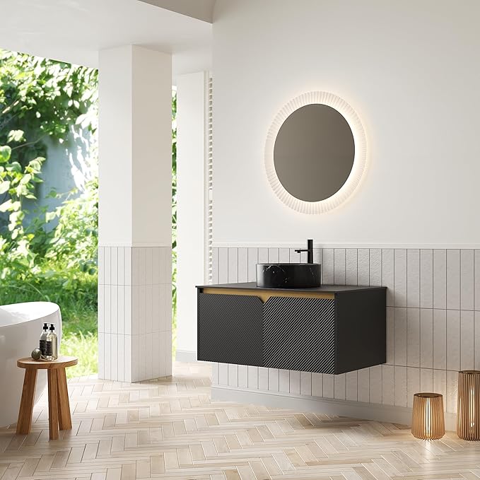 Bathroom Vanity with Sink 36 Inch, Floating Modern Vanity with Vessel Sink, Fluted Bathroom Vanity Cabinet with 2 Doors with Metal Trim, Black Round Sink & Sintered Stone Top, Black