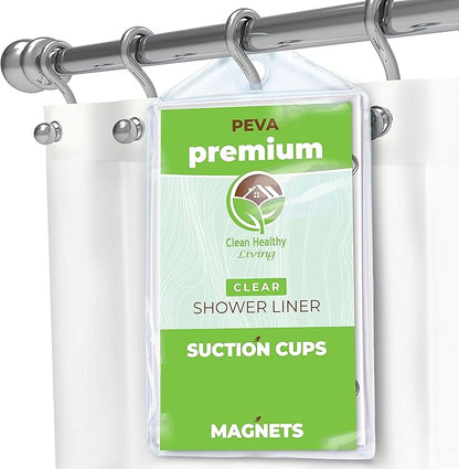 Clean Healthy Living PEVA Shower Curtain Liner, Clear, 70 x 71 in, Premium | Premium PEVA shower liner, Clear, 70 x 71 in; magnets and suction cups help reduce shifting along the tub or shower.