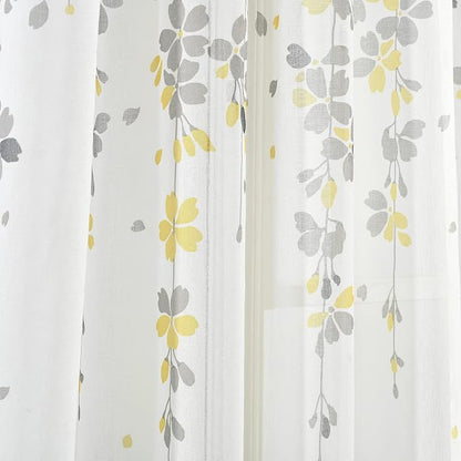 Lush Decor Weeping Flower Sheer Window Curtain Panels, Pair, 38" W x 84" L + 2" Header, Yellow & Gray - Sheer Curtains - Farmhouse Decor - Floral Curtains for Living Room, Bedroom & Dining Room