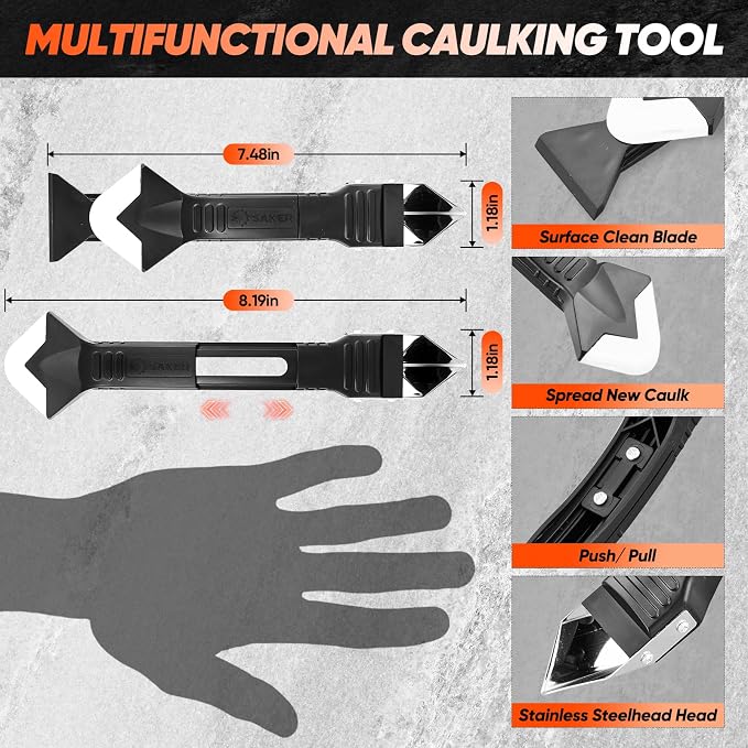 Saker Silicone Caulking Tool 3-in-1 Grout Removal Tool Classic Black | Sealant Finishing Scraper with Stainless Steelhead, Seam Repair Kit for Bathroom, Kitchen, Floor, Window and Sink Joints