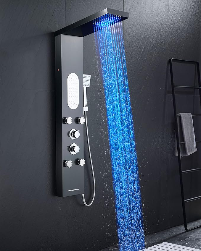 MENATT LED Shower Panel Tower System Stainless Steel,5 in 1 Shower Panels with 4 pcs Body Massage Jets,Body Waterfall Spray,Handheld Shower and Tub Spout,Black