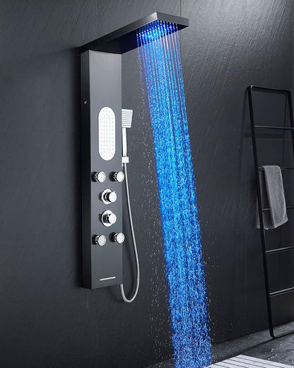 MENATT LED Shower Panel Tower System Stainless Steel,5 in 1 Shower Panels with 4 pcs Body Massage Jets,Body Waterfall Spray,Handheld Shower and Tub Spout,Black