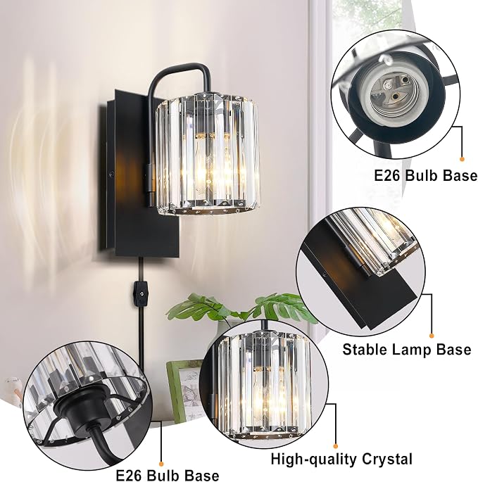 Plug in Crystal Wall Sconces, Black Plug in Sconce with Dimmer Cord | 10 inch Glass Wall Light Fixtures with Cord for Living Room Bedroom Hallway Staircase Bedside Square E26