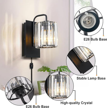 Plug in Crystal Wall Sconces, Black Plug in Sconce with Dimmer Cord | 10 inch Glass Wall Light Fixtures with Cord for Living Room Bedroom Hallway Staircase Bedside Square E26
