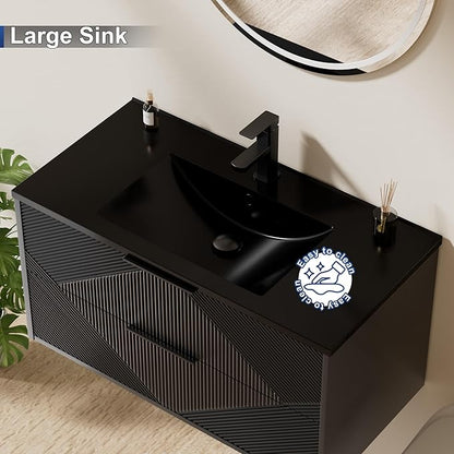 LUCKWIND 36" Floating Bathroom Vanity with Black Sink, Wall Mounted Floating Cabinet with 2 Large Soft-Close Drawers & Water Saving Faucet, Geometric Textured Design in Black