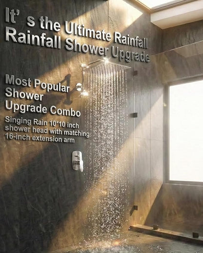 All Metal Rain Shower Head, 10'' High Pressure Rainfall Square Showerhead with 16" Shower Head Extension Arm, Stainless Steel Adjustable Shower Arm Extender, Waterfall fixed Showerheads, Chrome