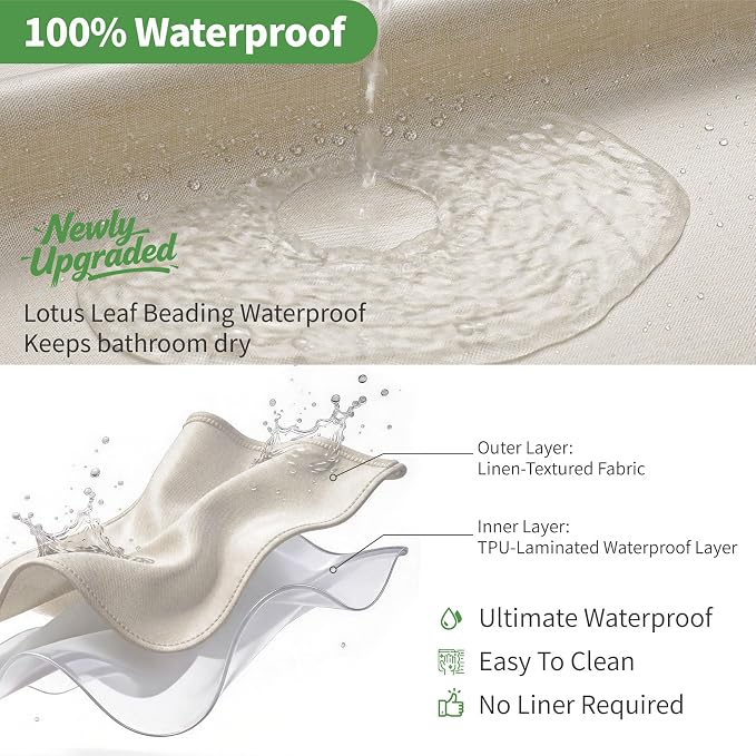 Stall No Hooks & No Liner Needed Fabric Shower Curtain,54"Wx80"L,Cream | Linen Texture,100% Waterproof TPU Laminated Layer,Bottom Magnets,Machine Washable,Hotel Style Bathroom Curtain For Shower,Tub