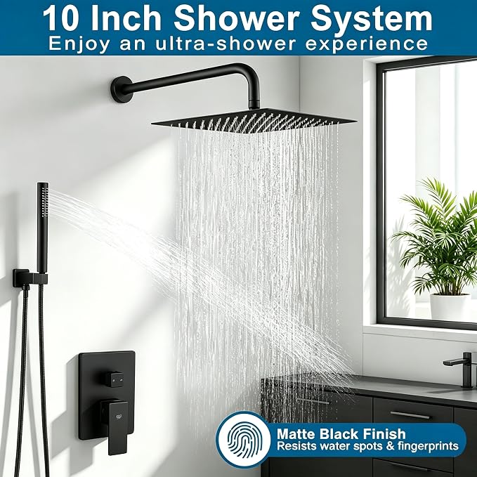 Matte Black Shower Faucet Set Rainfall 10 Inch Shower Head and Handle Set Bathroom Rain Shower System Wall Mounted Shower Fixture Include Shower Valve and Trim Kit