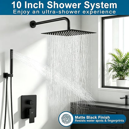 Matte Black Shower Faucet Set Rainfall 10 Inch Shower Head and Handle Set Bathroom Rain Shower System Wall Mounted Shower Fixture Include Shower Valve and Trim Kit