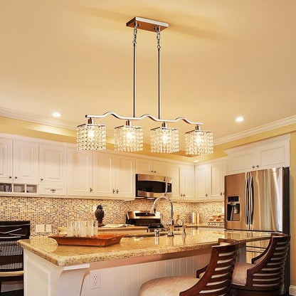 WUZUPS Crystal Chandelier 4-Light Linear Raindrop Pendant Ceiling Light Modern Lighting Fixture for Bedroom Dinning Room Bar Kitchen Island, H8.7'' W4.7'' L30.5, E12 Base, Nickel