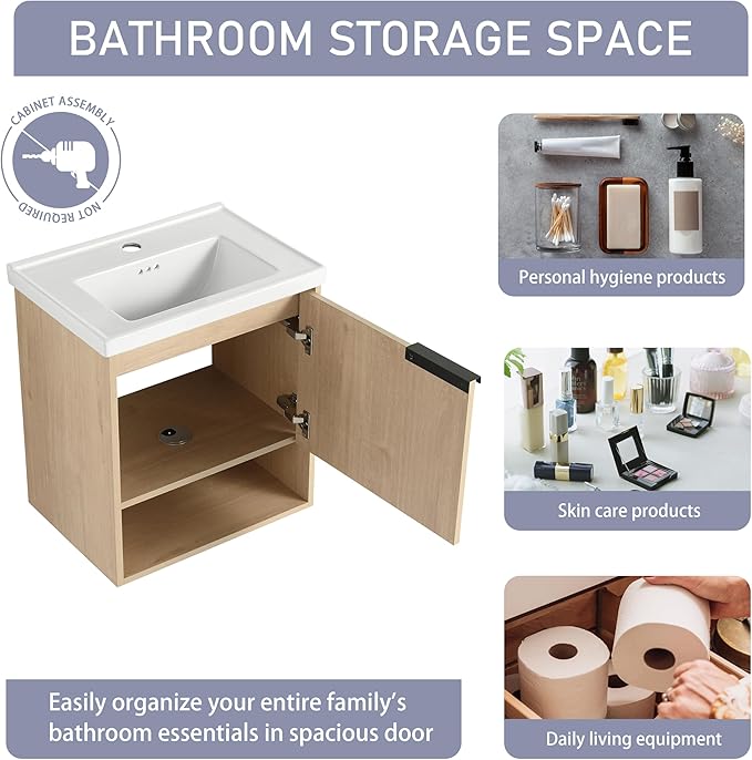 20" Bathroom Vanity with Sink, 20 Inch Floating Bathroom Vanity for Small Space, Modern Bathroom Vanity,Brown Wall Mounted Cabinet Set (066, PLO, 20''W x 14''D)