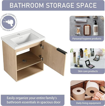 20" Bathroom Vanity with Sink, 20 Inch Floating Bathroom Vanity for Small Space, Modern Bathroom Vanity,Brown Wall Mounted Cabinet Set (066, PLO, 20''W x 14''D)