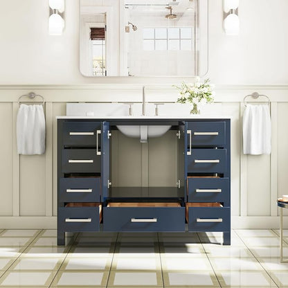 48-Inch Bathroom Vanity with Sink, 2 Soft-Close Doors and 9 Soft-Close Drawers, Bathroom Freestanding Vanity with Cultured Marble Countertop, Navy Blue Vanity with Brushed Nickel Handles