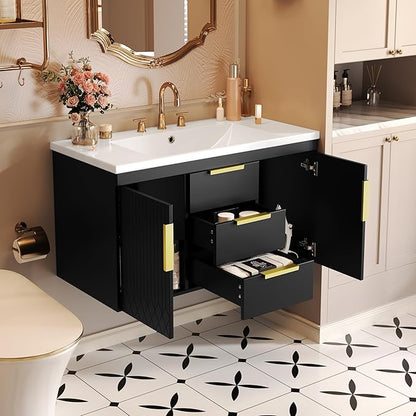 36 Inch Bathroom Vanity with Sink, Wall Mounted Bathroom Storage Cabinet with 2 Doors and 2 Drawers, Floating Bathroom Vanities with Decor Line