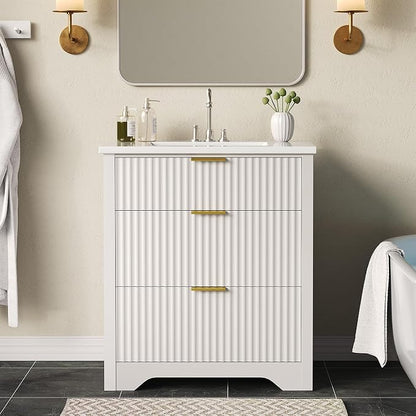 IDEALHOUSE 24" White Fluted Bathroom Vanity with Sink, Farmhouse Freestanding Bathroom Sink Cabinet with 2 Drawers & 1 Flip-Down Drawer, Easy Assembly & Cleaning