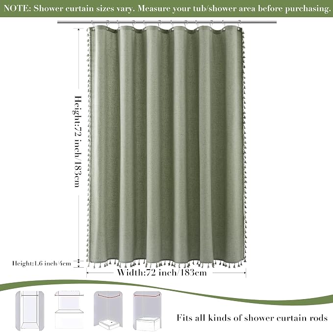 Sage Green Boho Linen Shower Curtain 72 Inch Length Vintage Farmhouse Weighted Tassel Design Green Shower Curtain for Bathroom with Hooks Bohemian Modern Neutral Cottage Style Decor 72x72