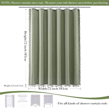 Sage Green Boho Linen Shower Curtain 72 Inch Length Vintage Farmhouse Weighted Tassel Design Green Shower Curtain for Bathroom with Hooks Bohemian Modern Neutral Cottage Style Decor 72x72