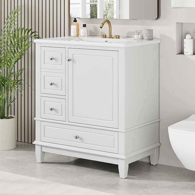 30" Vanity with Sink, Bathroom Vanities 30 Inch with Sink, Single Sink Bathroom Vanity with Shelf and Three Drawers, Soft Close Door, Restroom Vanity with Sink Top (White)